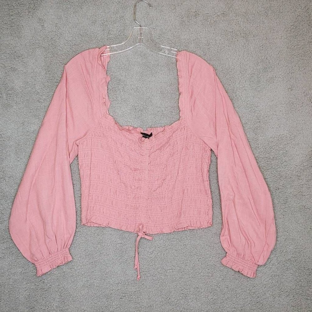 Ever After Womens Blouse Pink Long Sleeve Square‎ Neck Smocked Tie Front L New